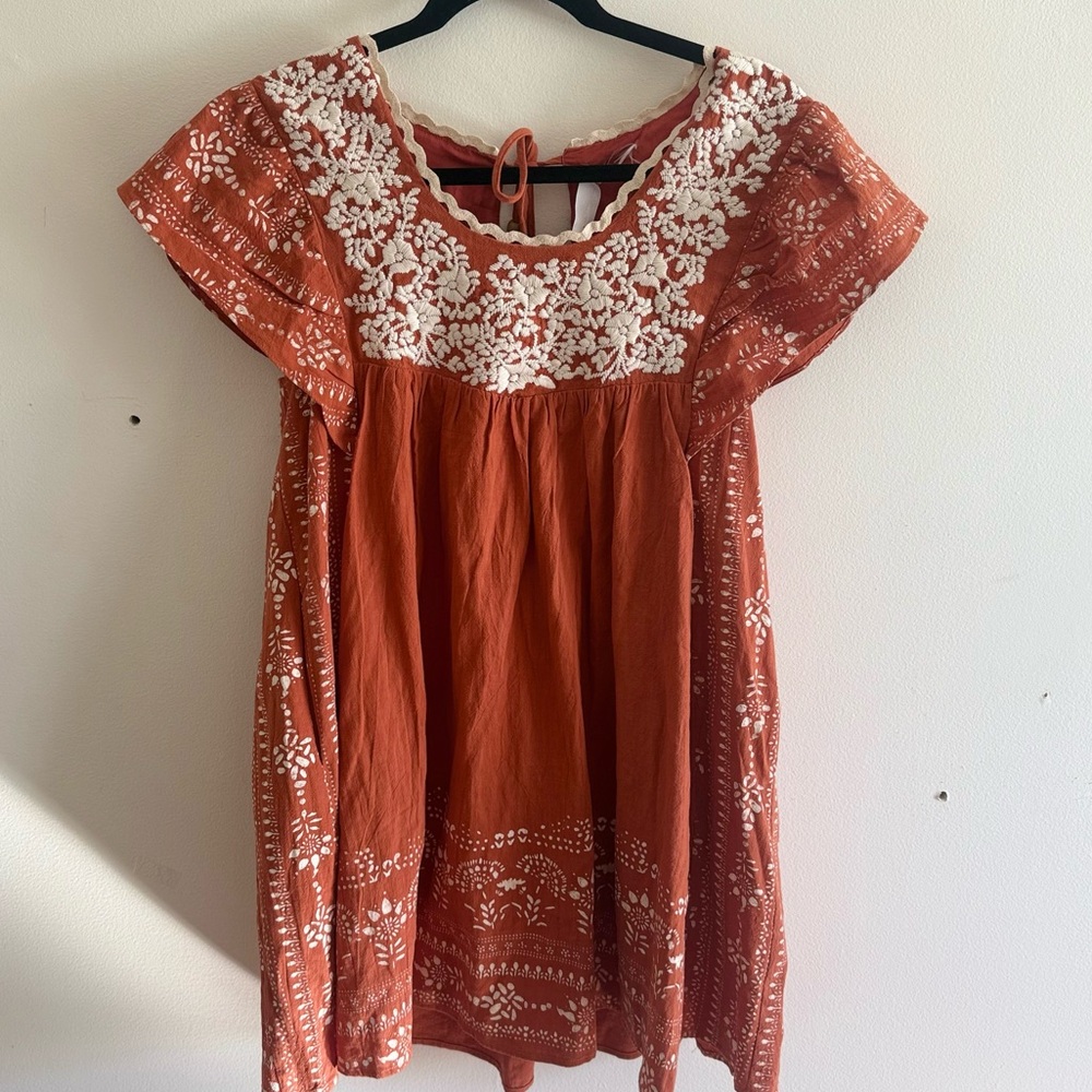 NWT BluIvy Embroidered Rust Boho Mini Dress Peasant Ruffles 100% Cotton Small